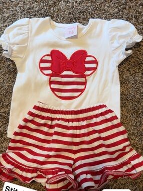 Stitchy Fish Girls Red & White Striped Bow Tee + Shorts Set